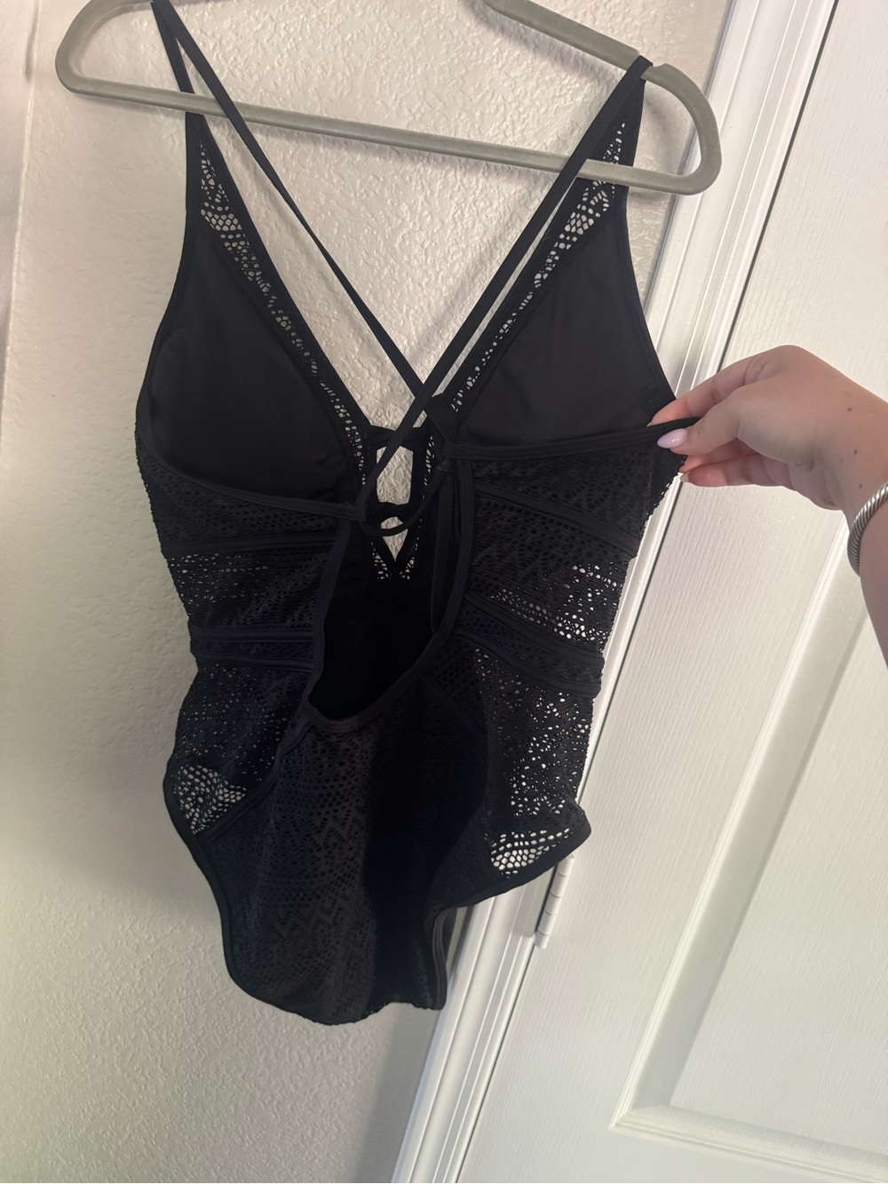 Black Crochet Lace One-Piece Swimsuit - Picture 7 of 13